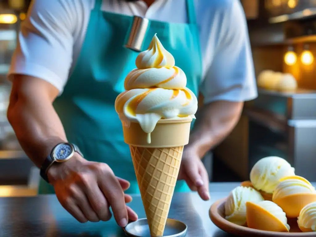 Un maestro heladero italiano prepara un cono de gelato con destreza, mostrando su textura suave y colores vibrantes