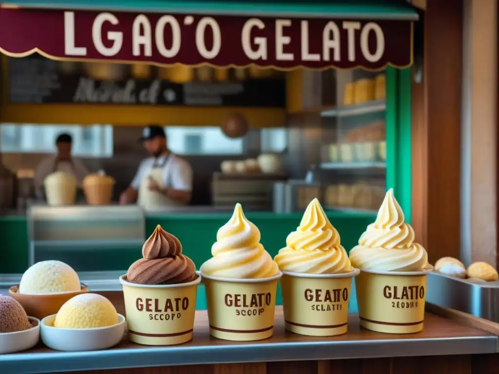 Un maestro heladero italiano preparando un delicioso gelato en una pintoresca heladería antigua