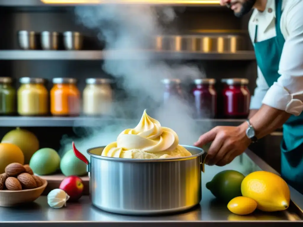 Un maestro heladero italiano elaborando con destreza un vibrante gelato casero en una tienda rústica