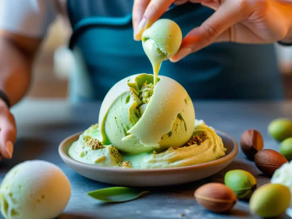 Un maestro heladero italiano creando con destreza un exquisito helado de pistacho