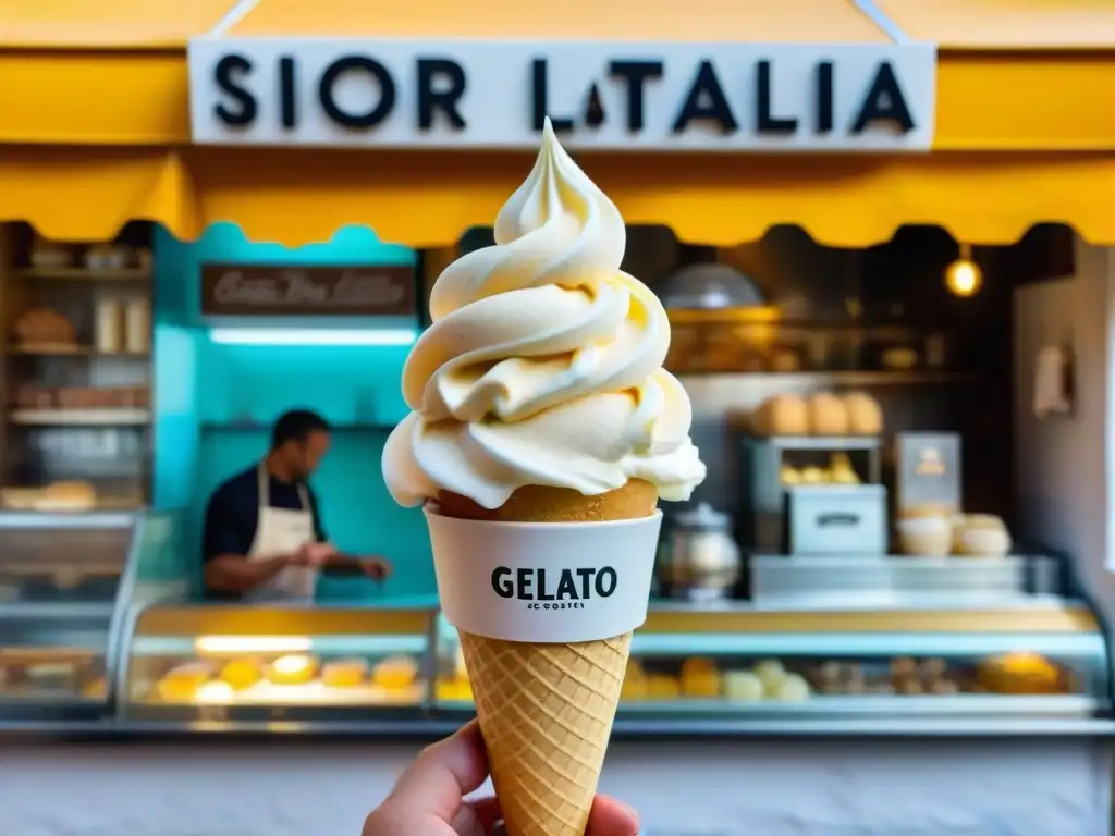 Un maestro heladero italiano experto en fior di latte helado leche, creando un cono perfectamente elaborado en una gelatería tradicional