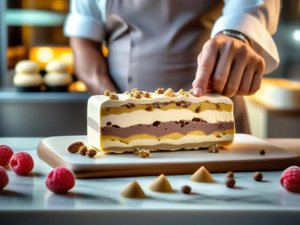 Un maestro heladero italiano experto en la receta torroncino helado casero italiano, creando capas de nougat en alta definición