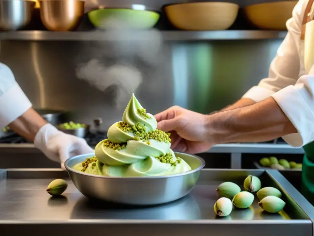 Un maestro heladero italiano crea un exquisito helado de pistacho en una cocina tradicional