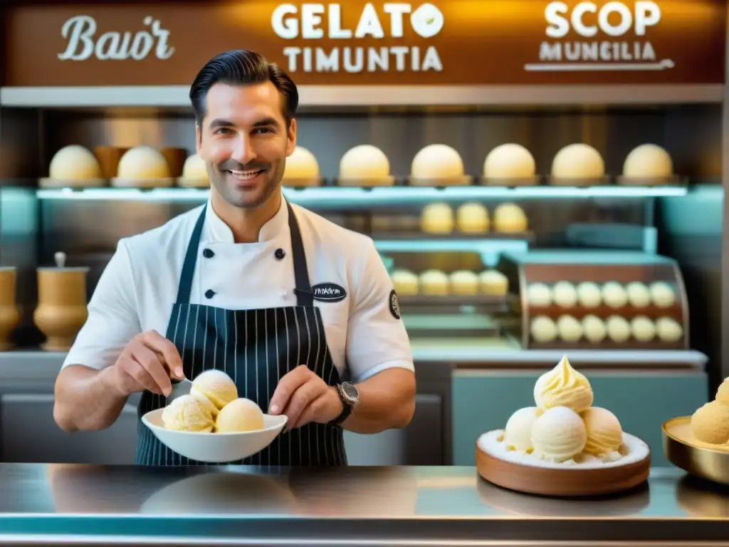 Un maestro heladero italiano elaborando un exquisito gelato artesanal en una tradicional gelatería, destacando las diferencias entre gelato italiano