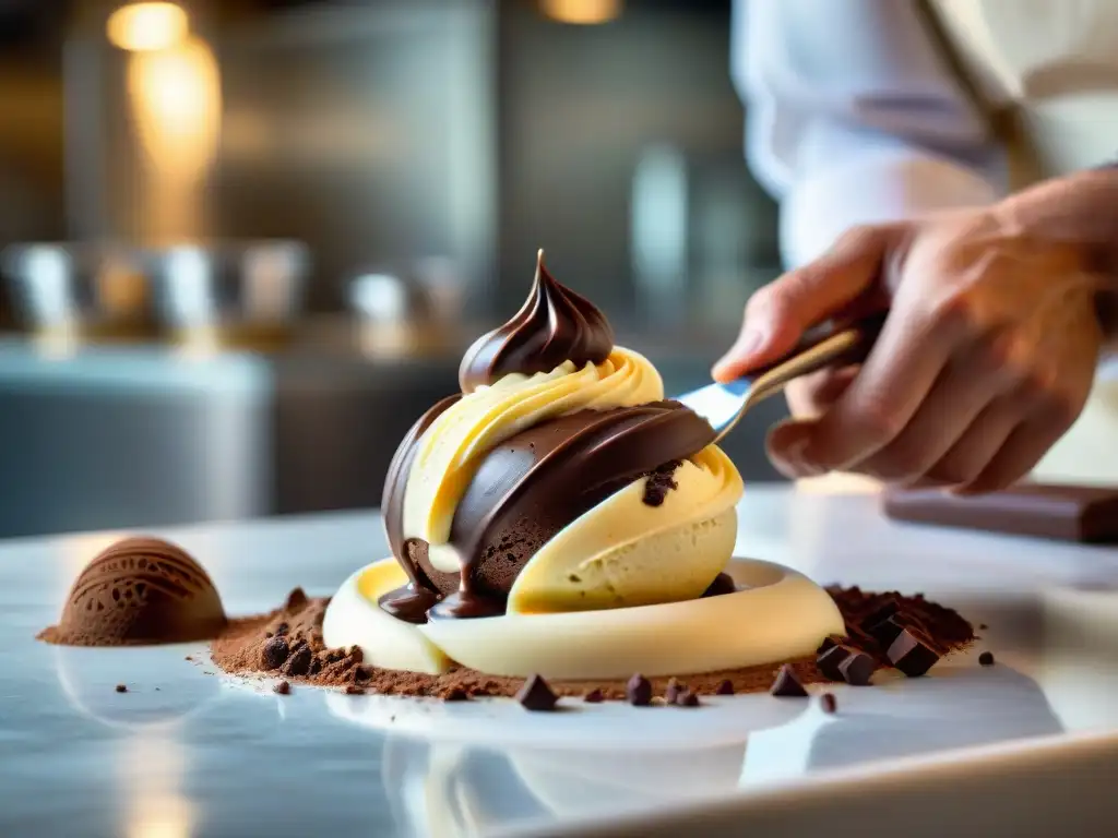 Un maestro heladero italiano crea un exquisito gelato de chocolate, siguiendo recetas tradicionales de gelato italiano