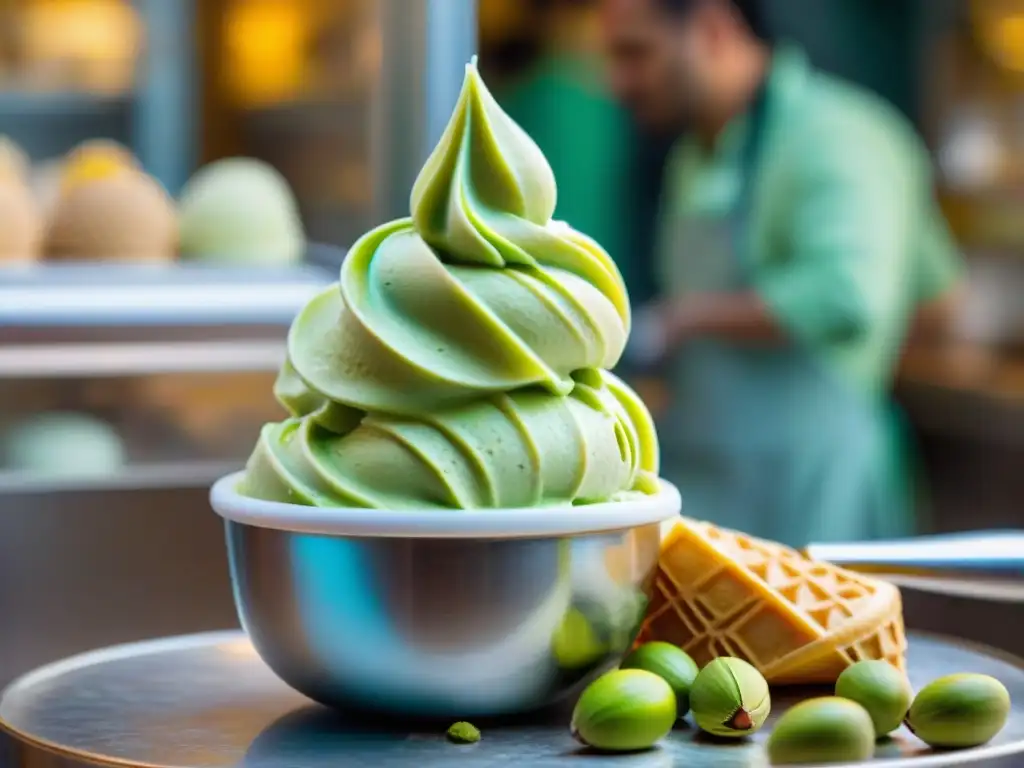 Un maestro heladero italiano elaborando un exquisito helado de pistacho en una cono, en una auténtica gelatería italiana