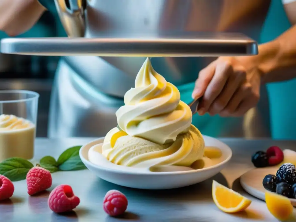 Un maestro heladero italiano crea un exquisito gelato vegano rodeado de ingredientes frescos y coloridos