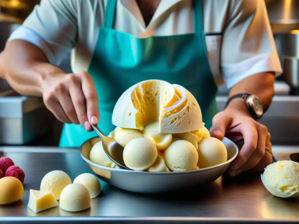 Maestro heladero italiano dando forma al mejor helado artesanal italiano en bulliciosa gelatería