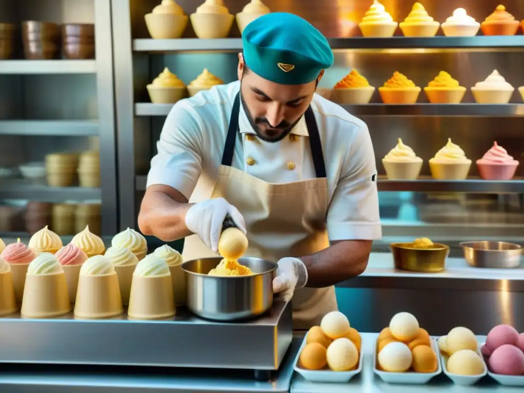 Maestro heladero italiano elaborando gelato artesanal en gelatería tradicional