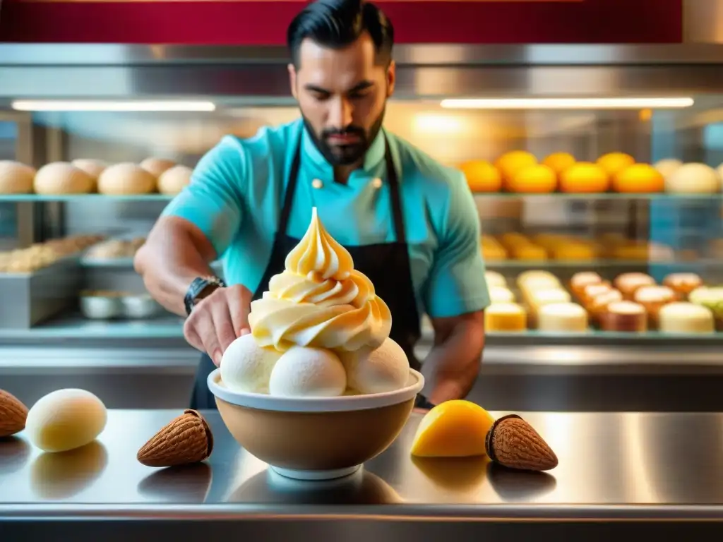 Un maestro heladero italiano crea un gelato con pasión y destreza