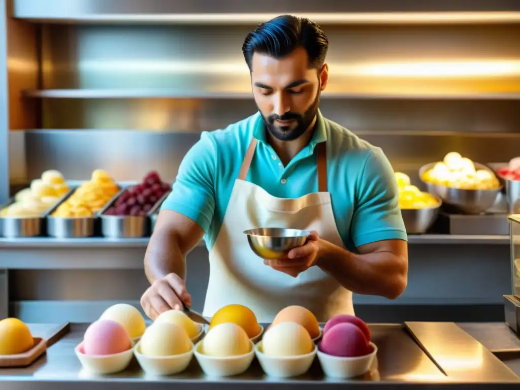 Un maestro heladero italiano preparando gelato con técnicas tradicionales en una pintoresca gelatería