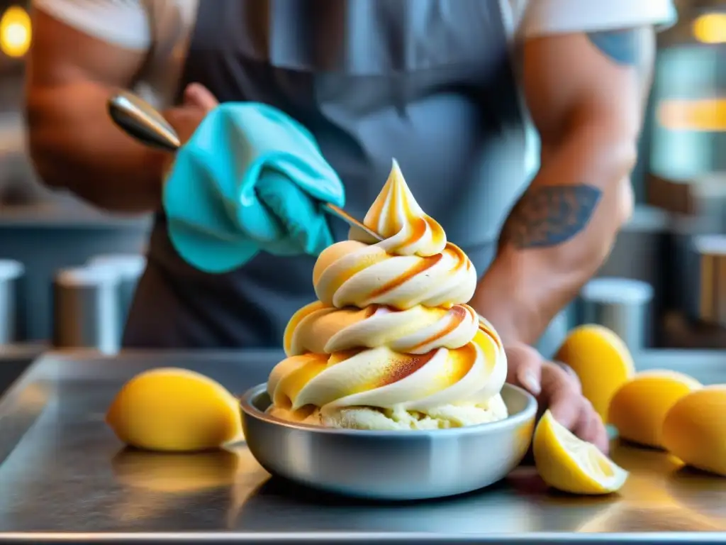 Un maestro heladero italiano elaborando gelato de forma meticulosa, mostrando las técnicas tradicionales de la cocina italiana