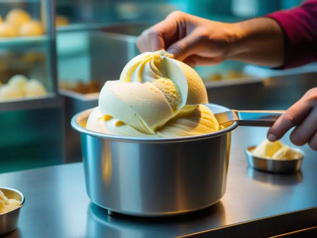 Un maestro heladero italiano preparando gelato casero con destreza en una gelatería vintage