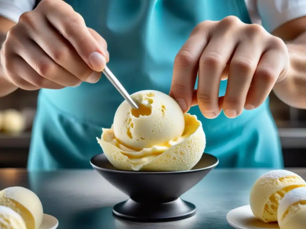 Un maestro heladero italiano crea un helado perfecto en cono tradicional