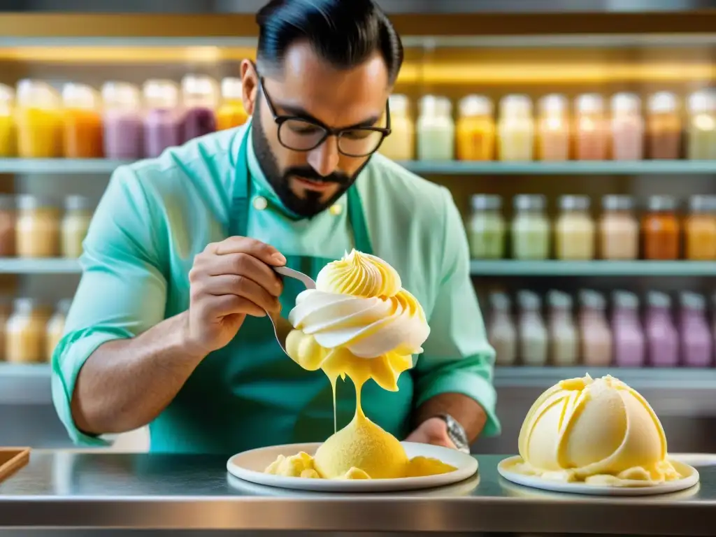 Un maestro heladero italiano crea una hermosa y detallada flor de helado con pasión y destreza en su auténtica tienda