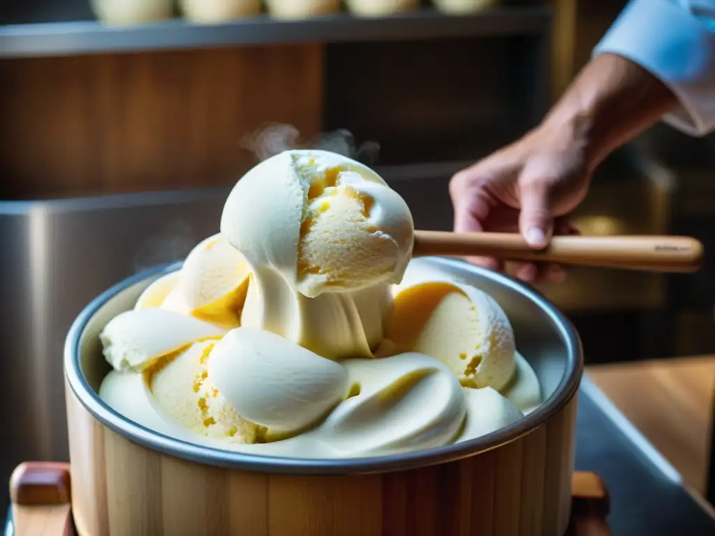 El maestro heladero italiano mezcla ingredientes para recetas helados caseros Italia