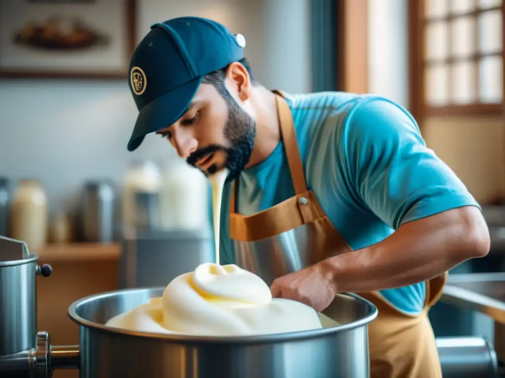 El maestro heladero italiano vierte leche fresca en el tambor, creando Fior di latte helado leche