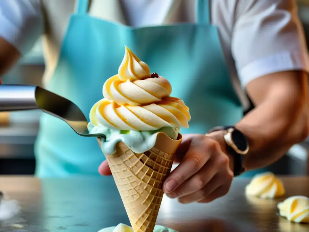 Un maestro heladero italiano creando el mejor helado artesanal italiano con destreza y pasión