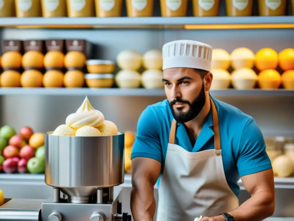 Un maestro heladero italiano vierte la mezcla cremosa en una máquina de gelato, rodeado de ingredientes frescos