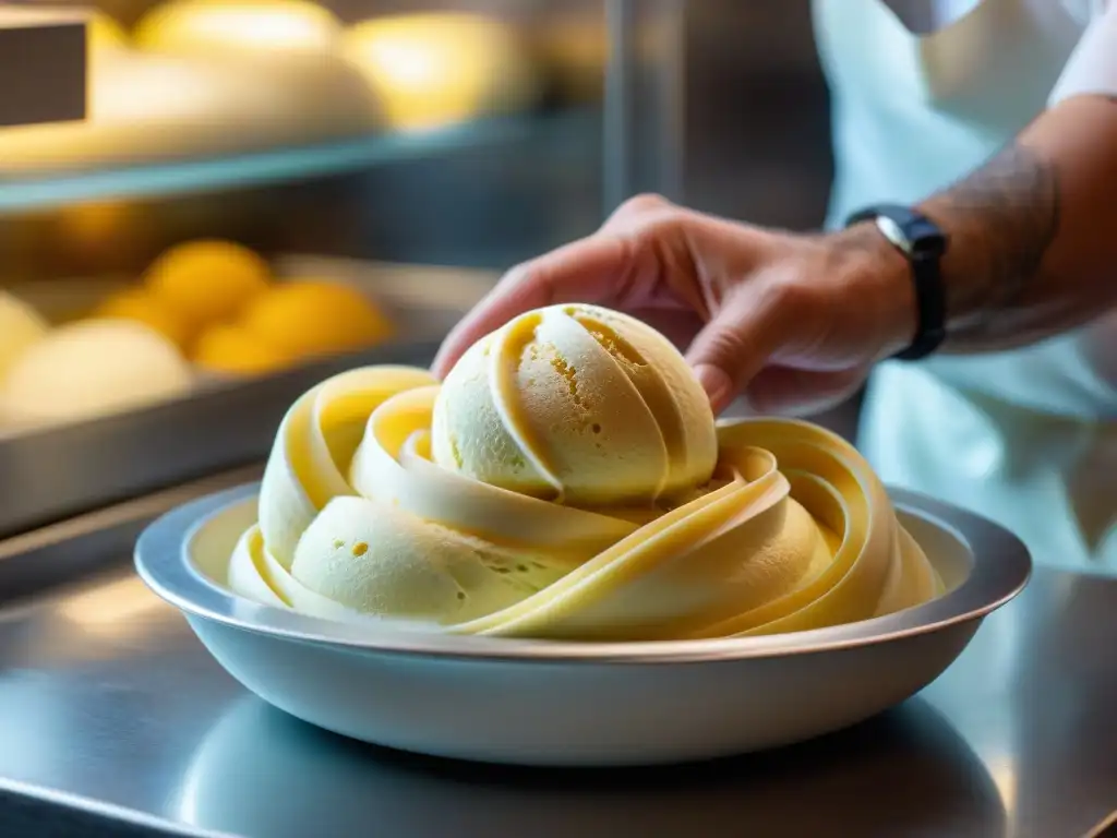 Un maestro heladero italiano crea con precisión una obra maestra de gelato usando técnicas tradicionales de cocina italiana