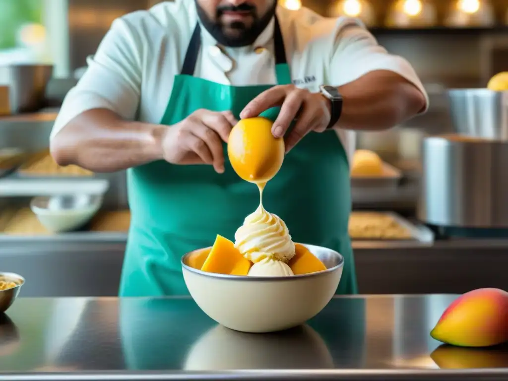 El maestro heladero italiano crea sabores innovadores con nuevas técnicas, mezclando mango y albahaca frescos en una tienda bulliciosa