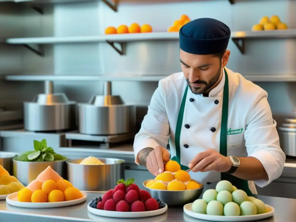 Un maestro heladero italiano crea sorbetes italianos audaces postres helados con frutas frescas y hierbas en un ambiente limpio y ordenado