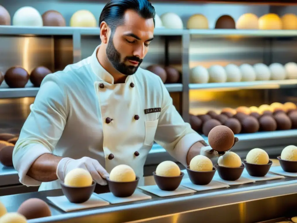 Un maestro heladero italiano crea un Tartufo helado con destreza en una tradicional gelatería en Italia