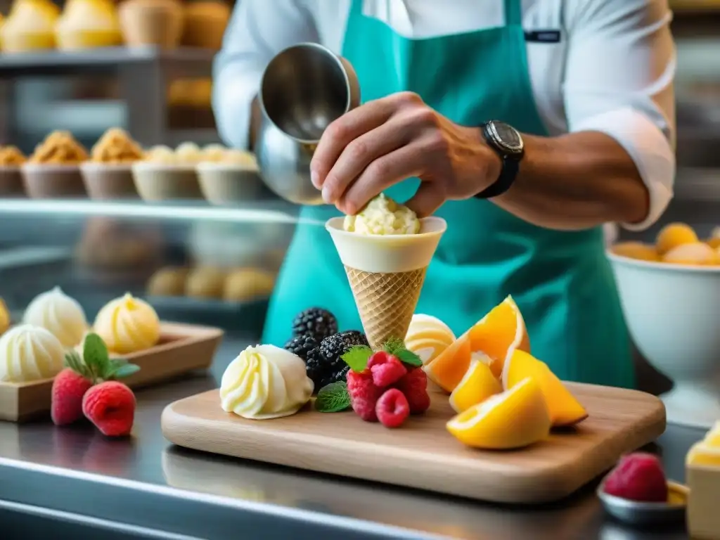 Un maestro heladero italiano en una tradicional gelatería, creando gelatos regionales Italia tradicionales con maestría