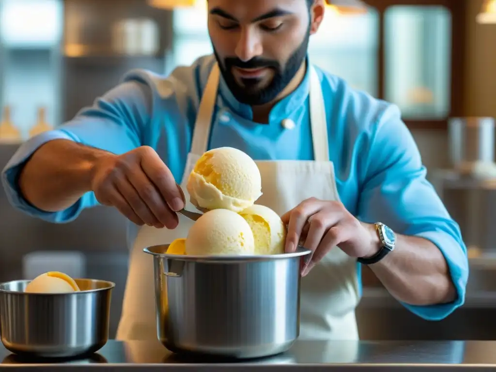 Un maestro heladero crea una nueva técnica de helado italiano con pasión y precisión, mezclando ingredientes vibrantes en una gelatería tradicional