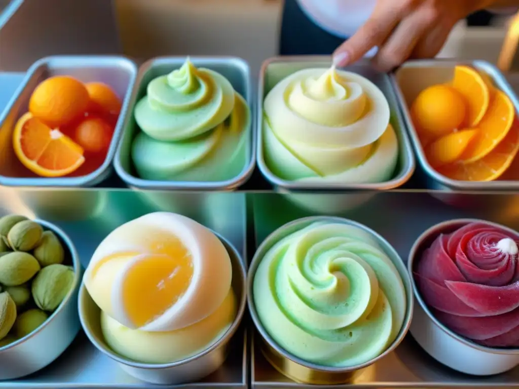 Un maestro heladero creando sorbetes italianos audaces en una heladería tradicional