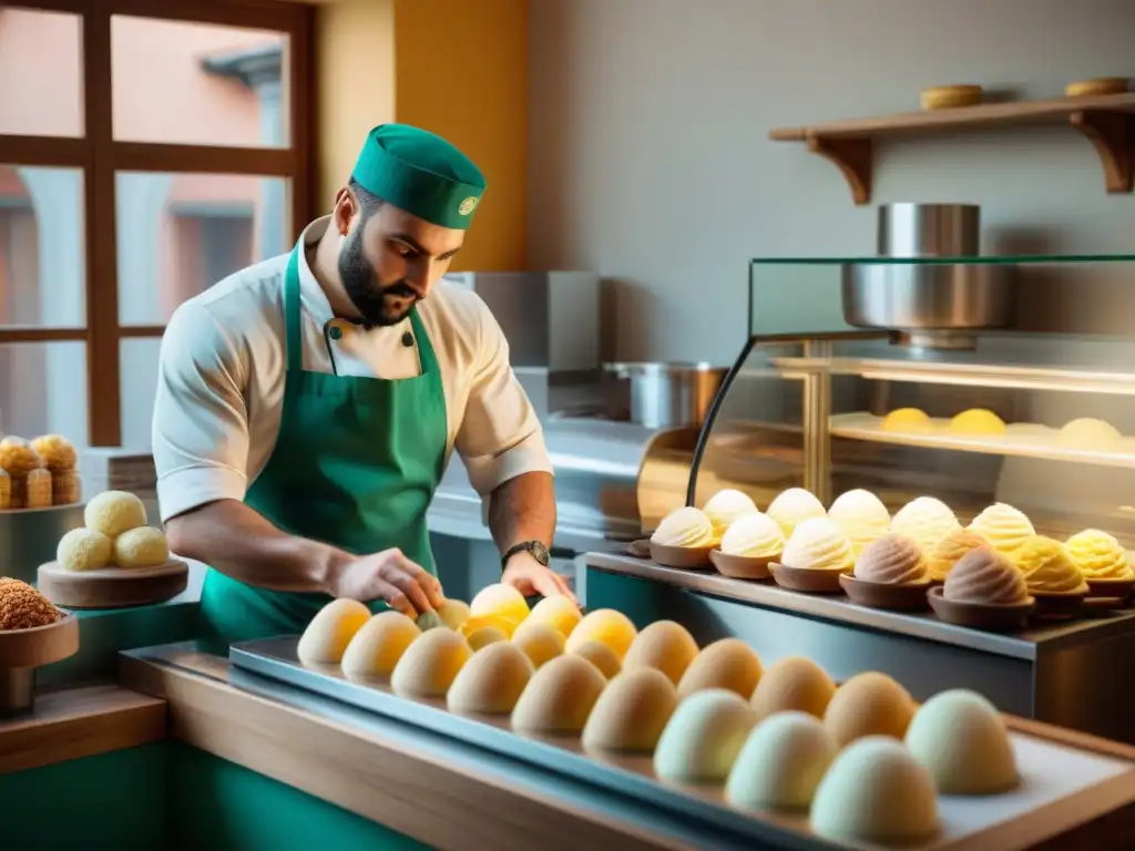 Un maestro heladero en la Toscana elaborando con destreza una receta auténtica gelato Toscano, rodeado de encanto rústico y tradición italiana