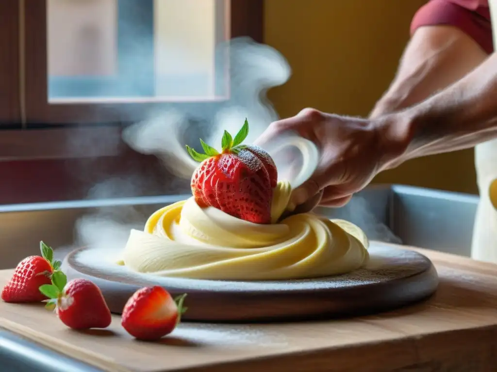 Un maestro heladero en Toscana crea gelato Toscano con fresas frescas