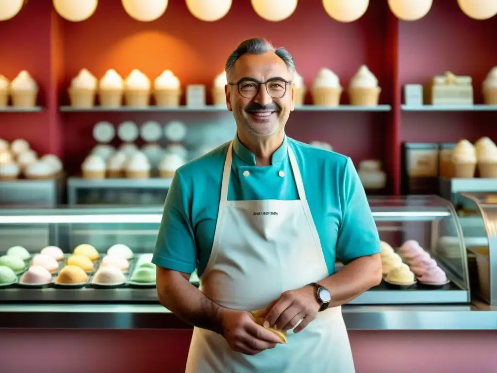 Simone Bonini, maestro heladero en su tradicional gelatería llena de sabores artesanales, historia del gelato en Italia