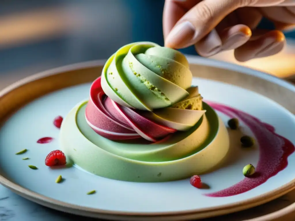 Maestro del helado italiano fusiona nuevas técnicas creando mezcla marmolada de pistacho y frambuesa