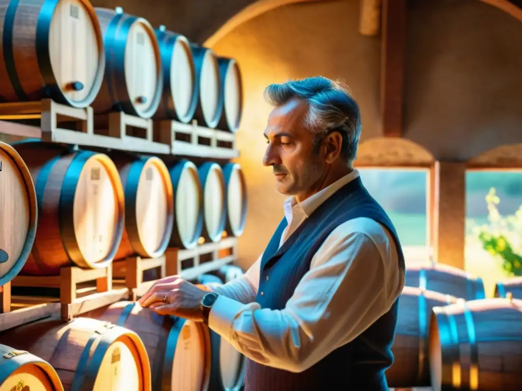 Un maestro vinícola italiano inspecciona barricas de uva fermentando, transmitiendo pasión por la fermentación en el aperitivo italiano