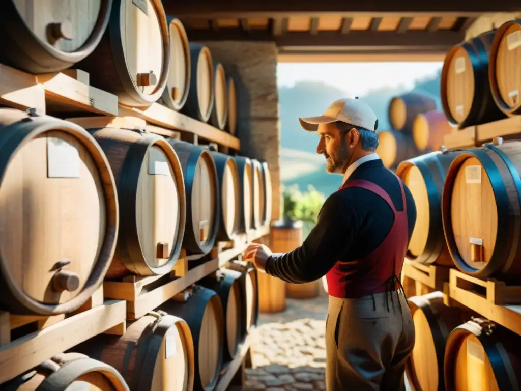 Un maestro vinícola italiano inspecciona barriles de vino envejecido en una bodega rústica