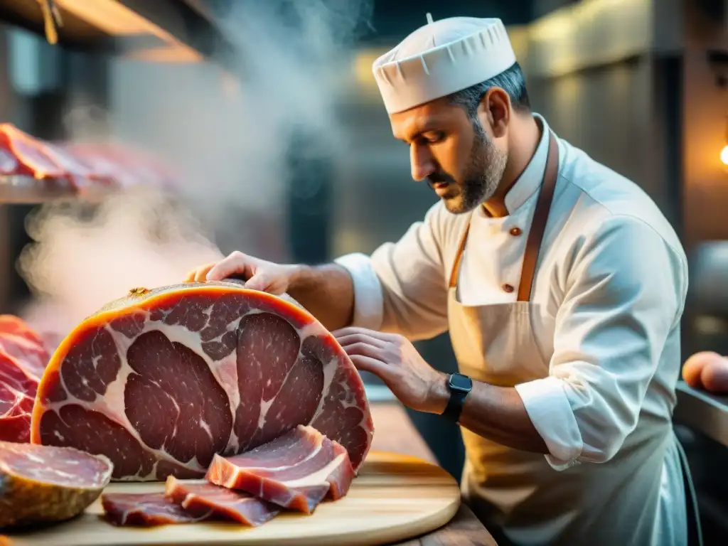 Un maestro italiano del jamón crudo curado inspecciona y corta con precisión una pierna de jamón, en una cámara de curado rústica y atmosférica