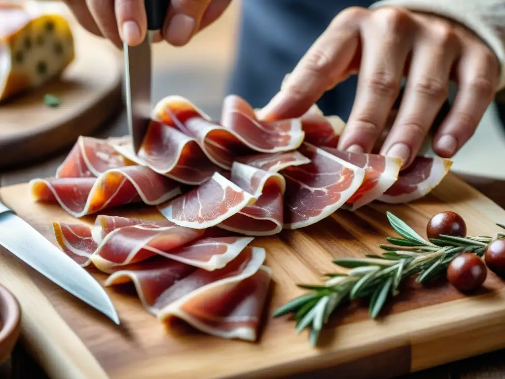 Un maestro italiano corta prosciutto crudo, embutidos italianos tradicionales, en una mesa rústica