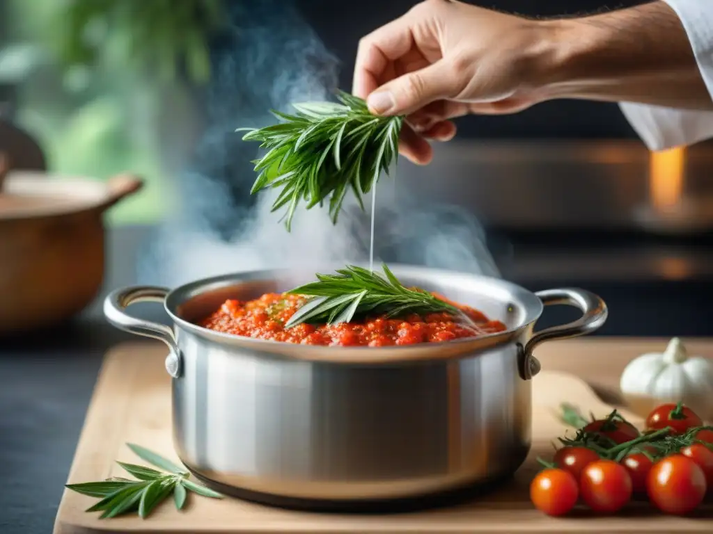 El maestro chef italiano esparce estragón fresco sobre salsa de tomate casera, revelando el secreto del aroma en la cocina italiana