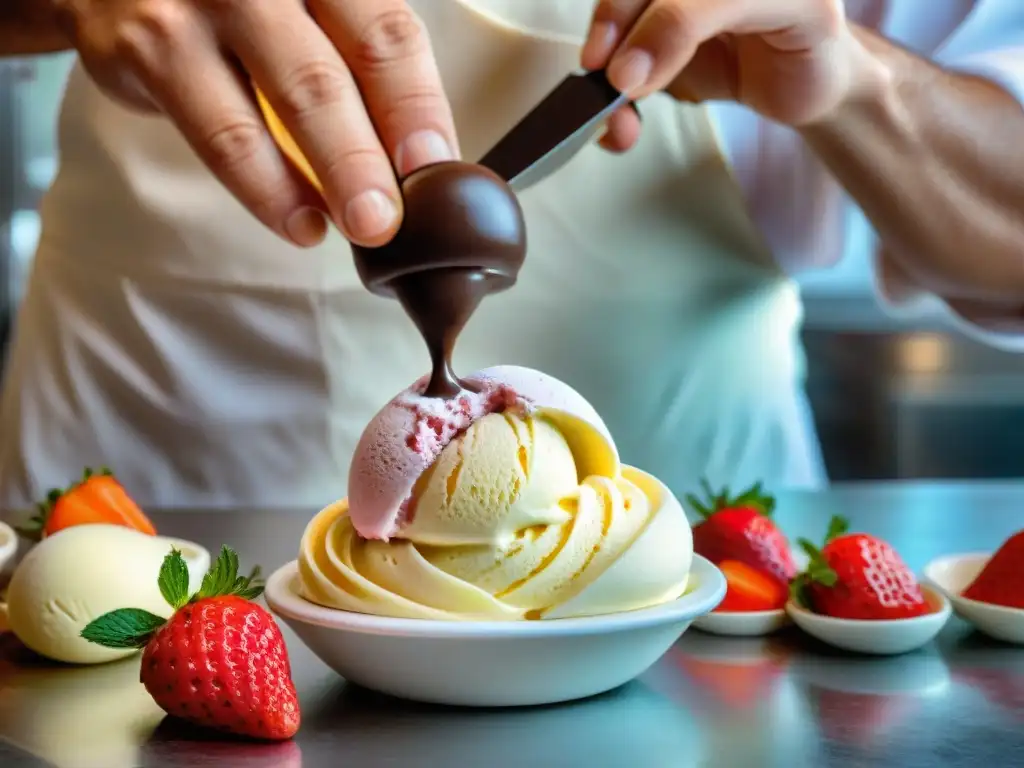 El maestro italiano de gelato elabora auténtico Gelato rodeado de ingredientes frescos y coloridos