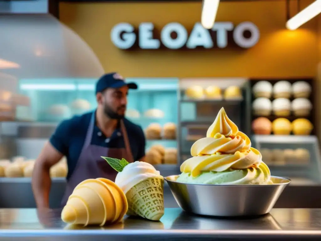 Un maestro italiano de gelato experto creando con detalle un cono de gelato fresco, en una gelateria bulliciosa