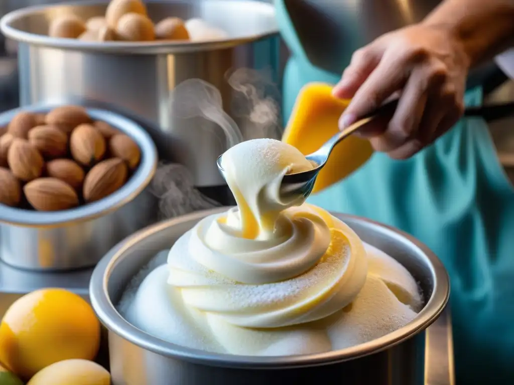 Maestro italiano del gelato elaborando helado en gelatería tradicional: dedicación y expertise en el origen del Gelato en Italia