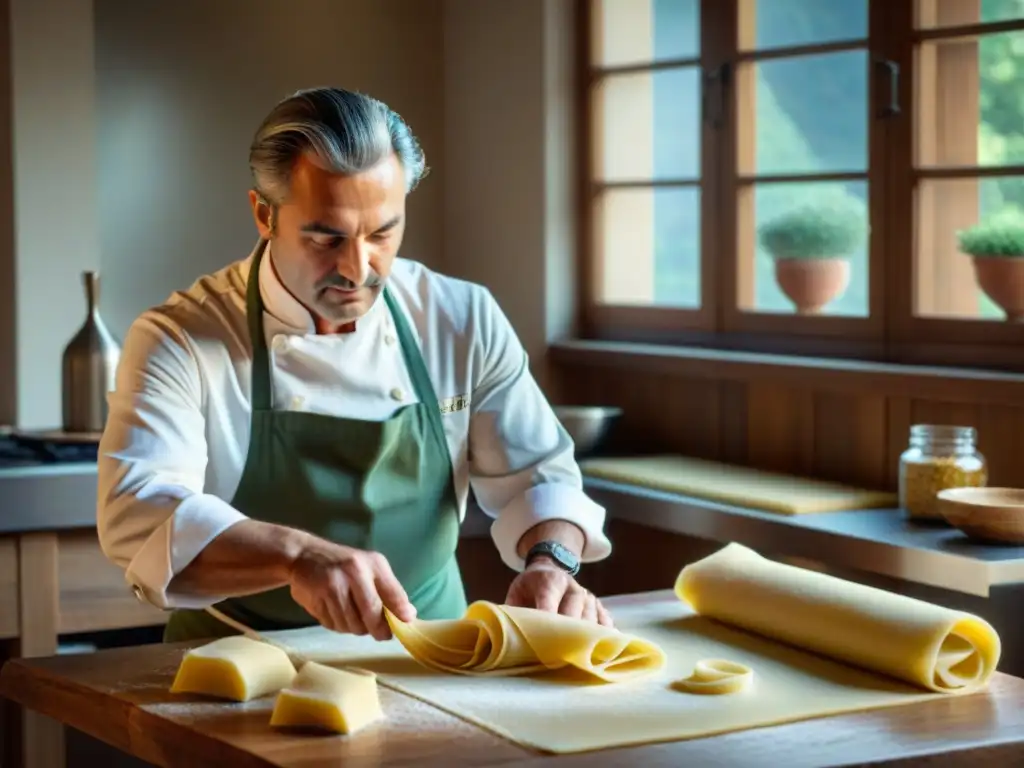 Maestro italiano enrolla a mano pasta fresca en mesa de madera, con luz natural cálida