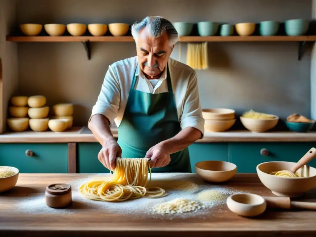 Un maestro italiano de la pasta amasando con destreza en una cocina rústica, rodeado de herramientas tradicionales