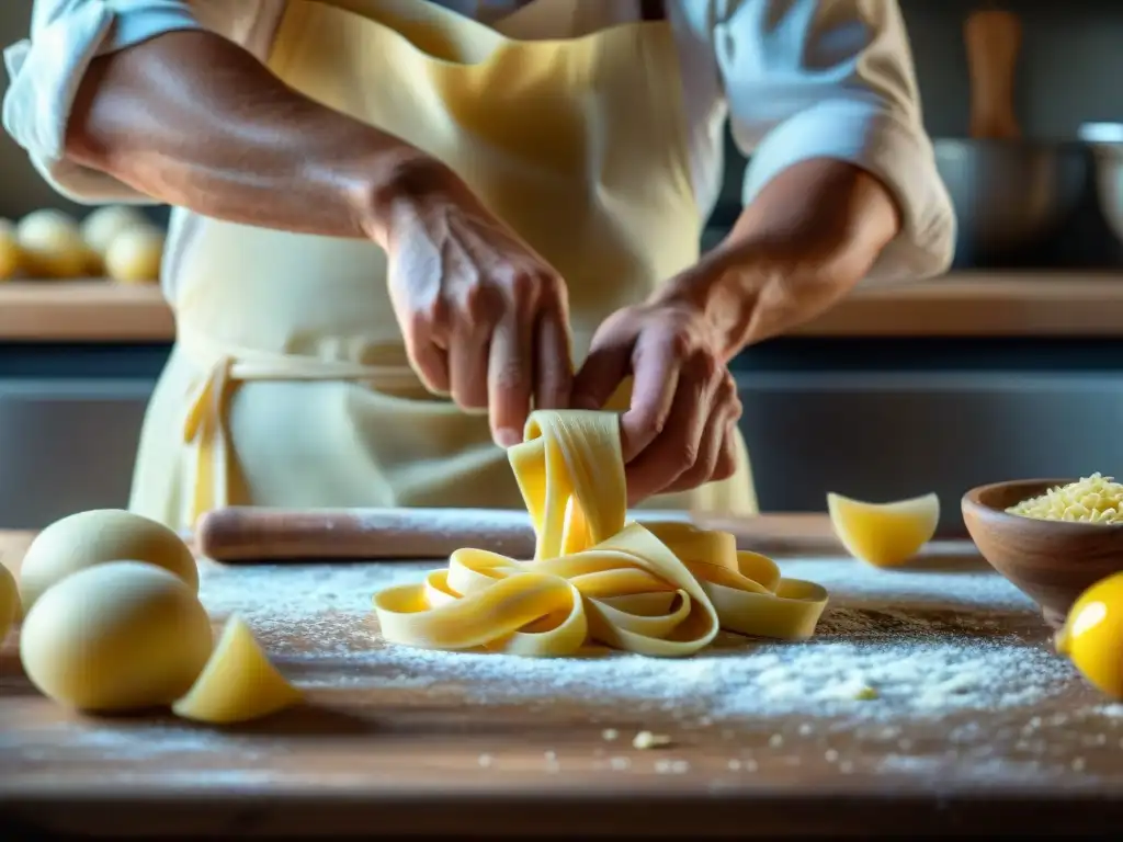 Un maestro italiano de la pasta experto amasando masa fresca en una mesa de madera rústica, con luz natural y técnicas de cocina de pasta fresca