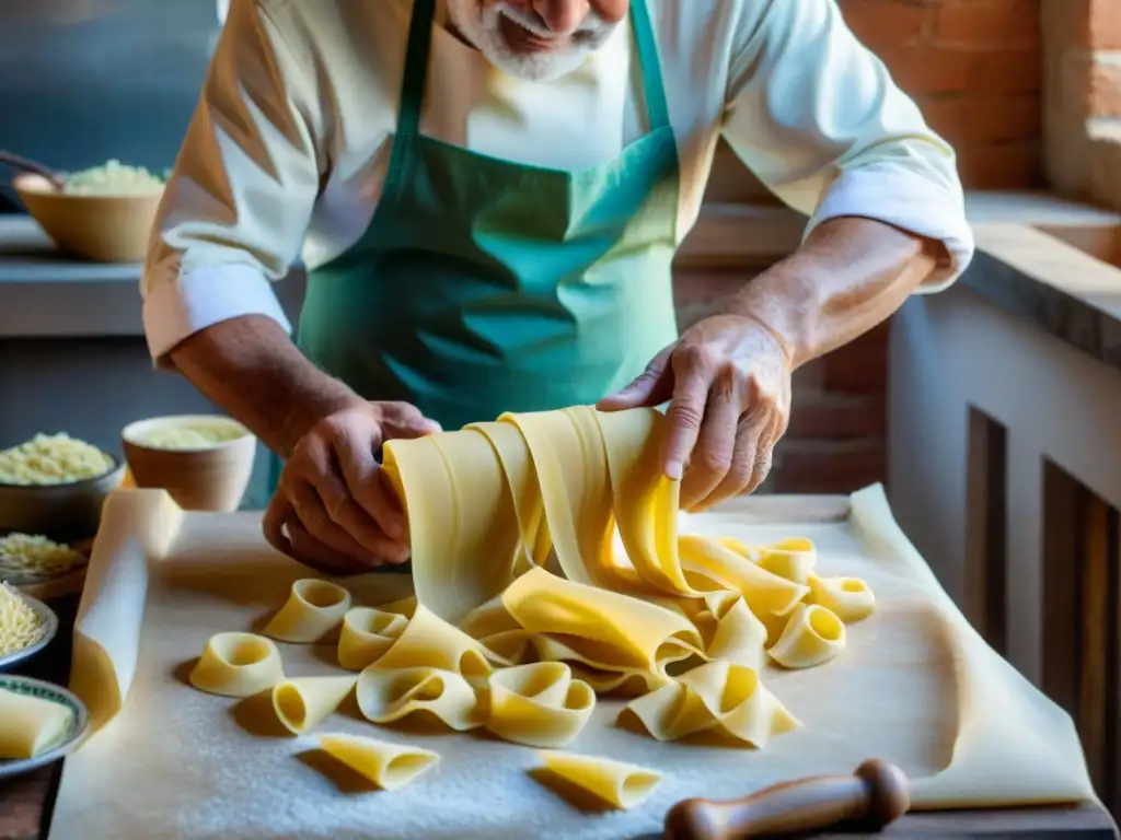 Maestro italiano de la pasta fresca en la soleada Italia, mostrando consejos de cocina tradicional