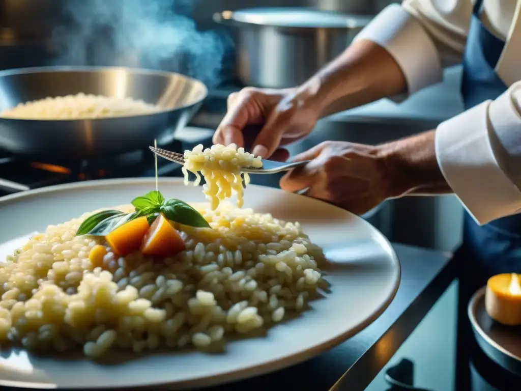 Un maestro italiano prepara un risotto de azafrán en una cocina bulliciosa, mostrando la Revolución de la cocina italiana