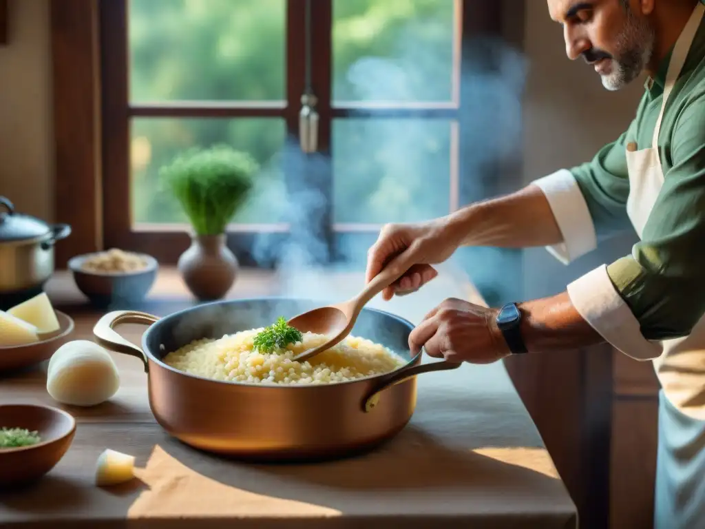 Maestro italiano prepara risotto perfecto en cocina soleada