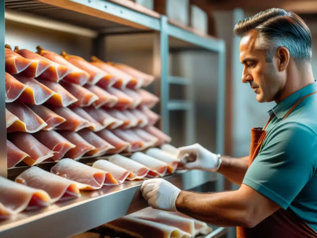 Un maestro jamonero inspecciona y corta Prosciutto di San Daniele DOP en una bodega tradicional italiana