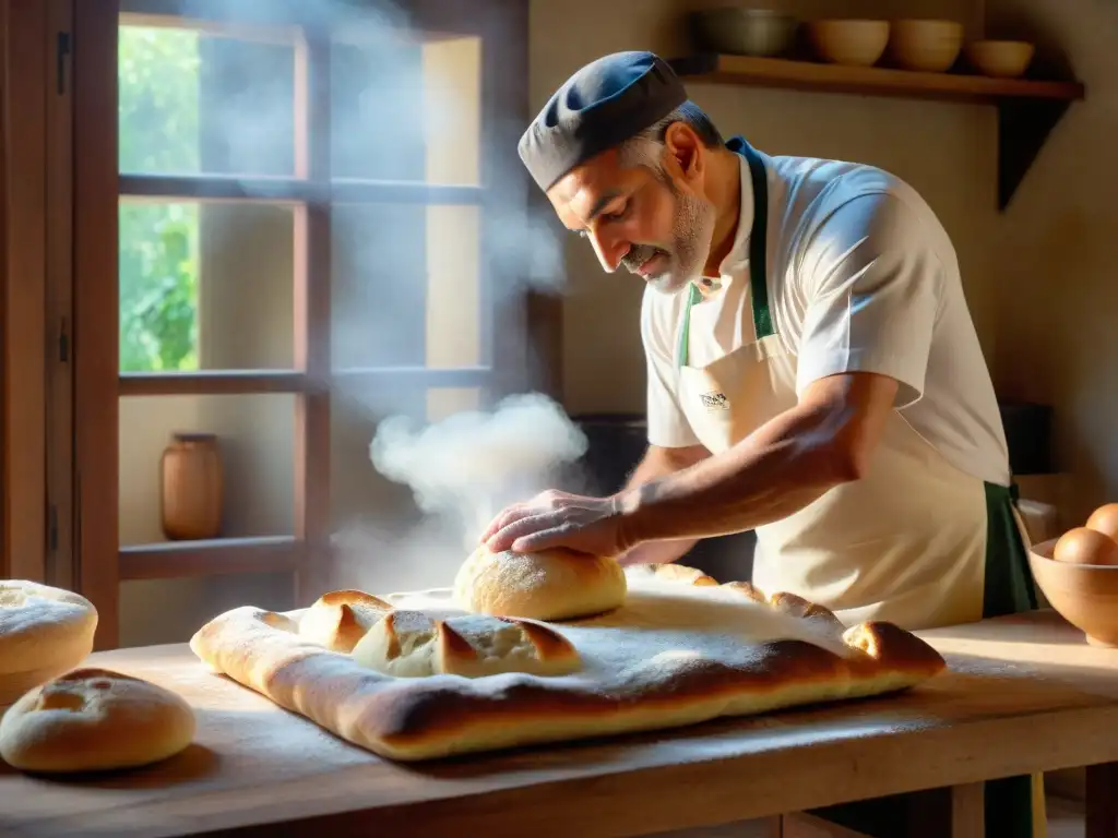 Un maestro panadero en una cocina italiana tradicional elaborando la receta tradicional de Focaccia Genovese, con destreza y pasión